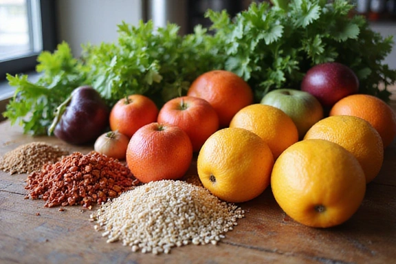 Fruits, vegetables, and healthy ingredients on a kitchen counter